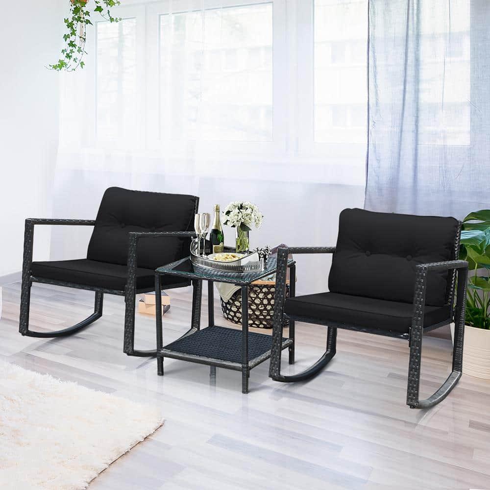 Costway 3PCS Patio Rattan Furniture Set Rocking Chairs Cushioned Sofa Black