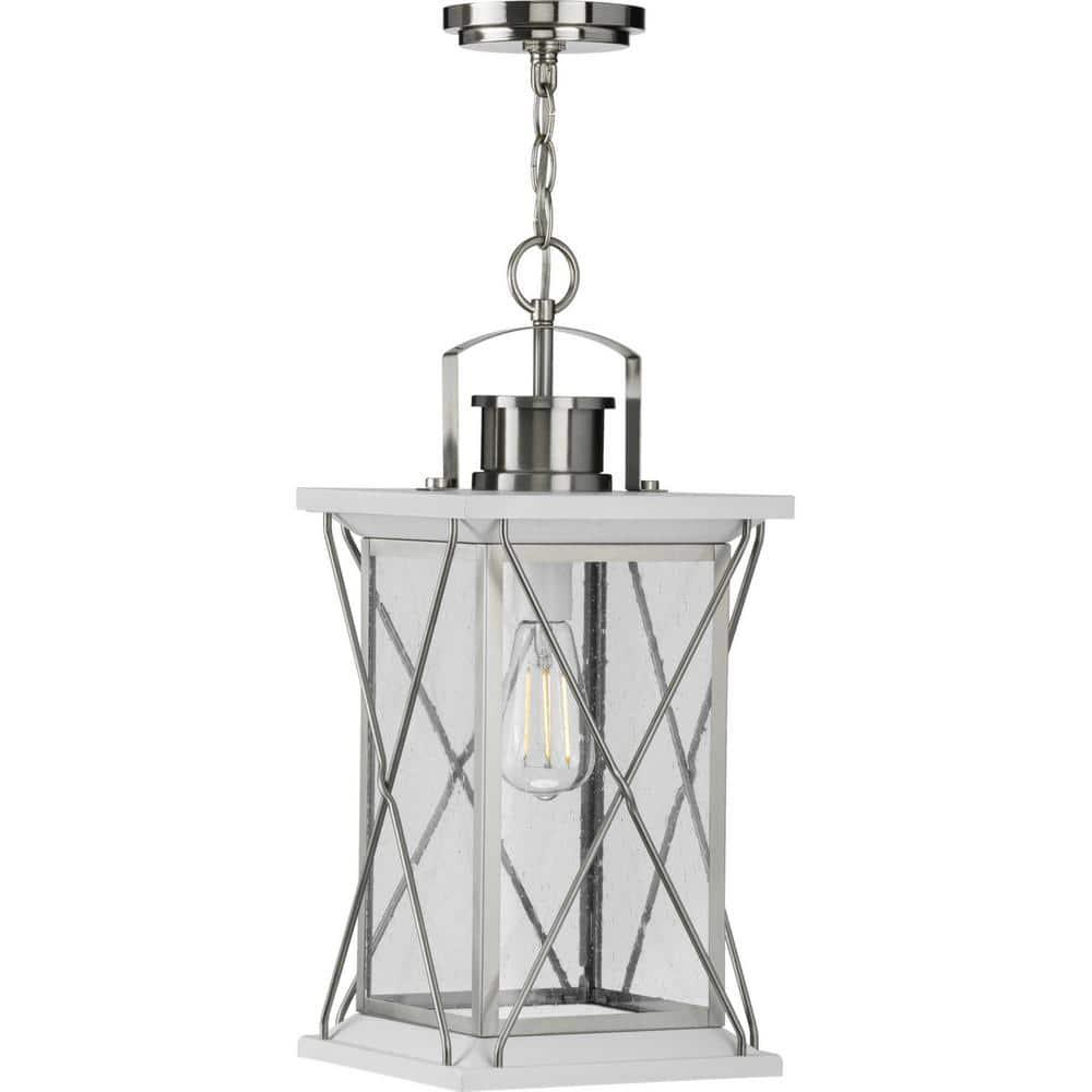 Progress Lighting Barlowe 1-Light Outdoor Hanging Lantern, Stainless Steel, Seeded Glass