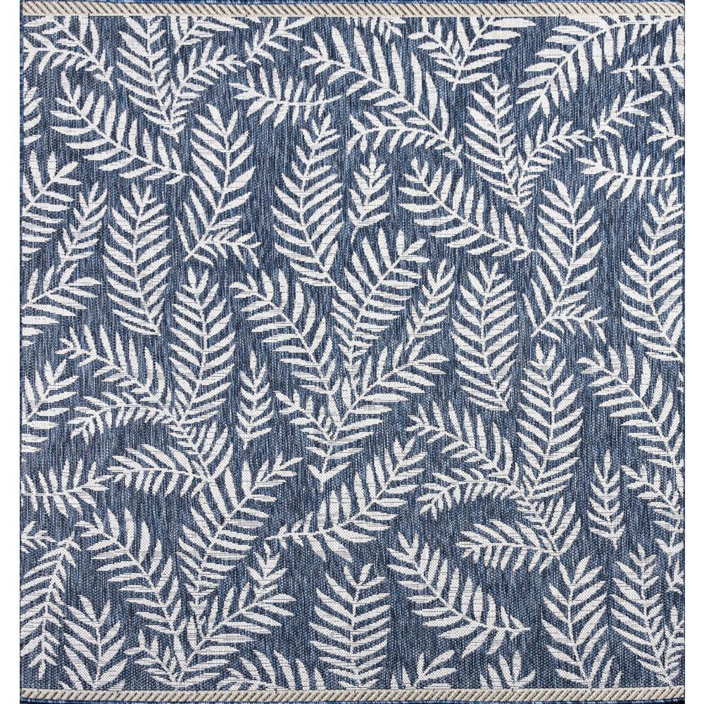 5' Square Nevis Palm Frond Indoor/Outdoor Area Rug, Navy/Ivory - JONATHAN Y