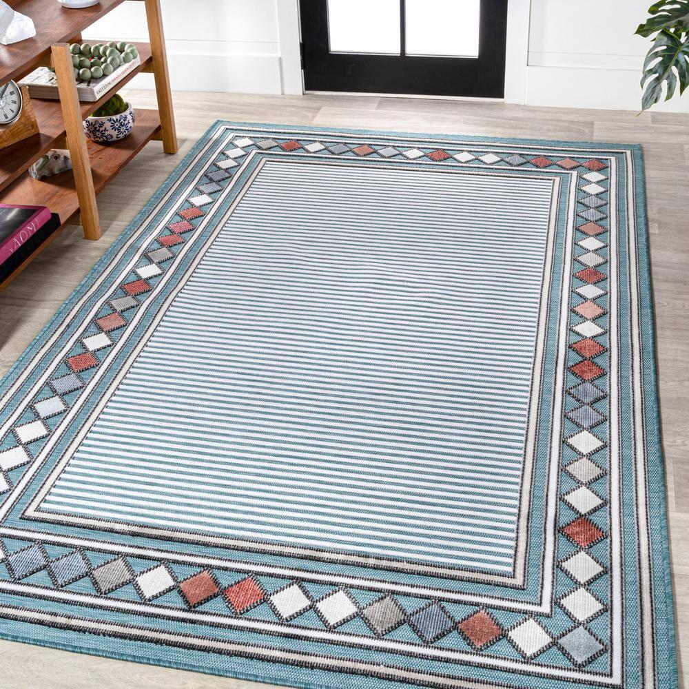 JONATHAN Y Sebastian High-Low Modern Diamond Border Blue/Ivory 5 ft. x 8 ft. Indoor/Outdoor Area Rug
