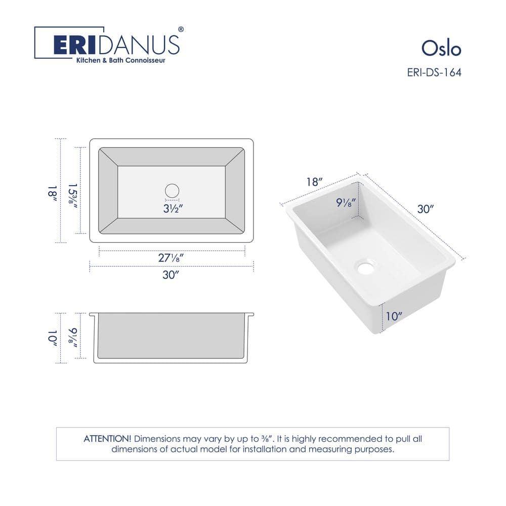 Eridanus Oslo 30" x 18" White Single Bowl Fireclay Undermount Kitchen Sink with Basket Strainer and Bottom Grid ERI-DS-164