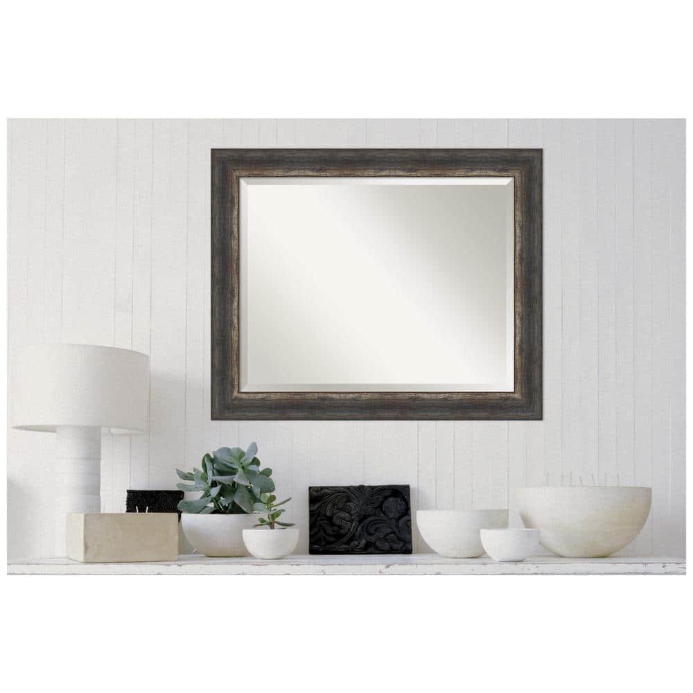 Amanti Art Beveled Bathroom Wall Mirror - Bark Rustic Char Frame Bark Rustic Char Outer Size: 33 x 27 in Silver, Brown, Black