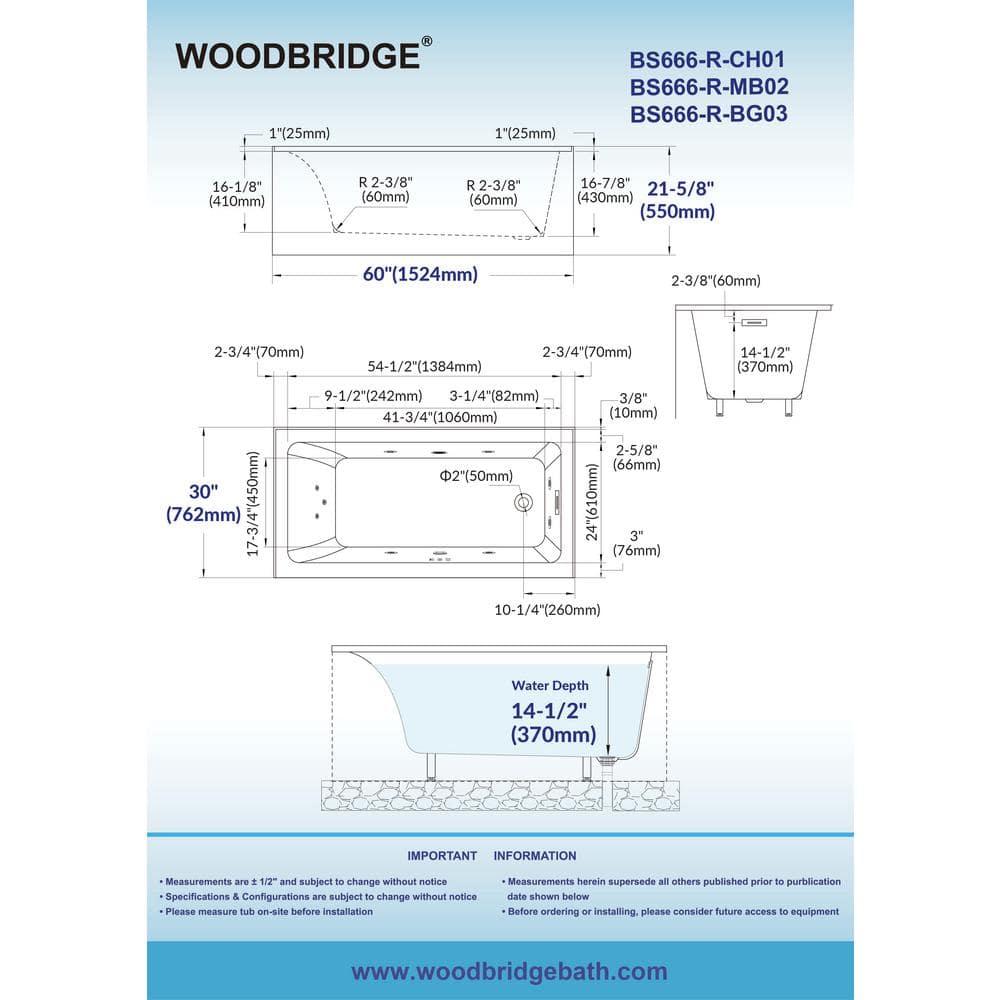 WoodBridge 59'' x 28.75'' Freestanding Soaking Acrylic Bathtub W-B0016-B