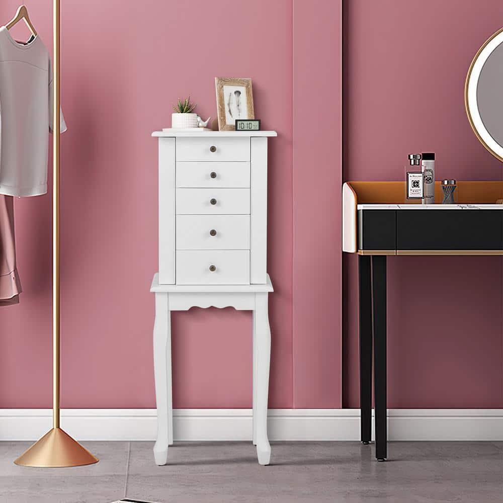 Standing Jewelry Cabinet Armoire with Top Flip Mirror, Jewelry Box Chest with 4 Drawers, Top Compartments, 8 Necklace Hooks and 2 Side Doors, White