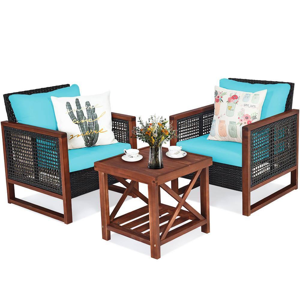 Patiojoy 3PCS Patio Rattan Bistro Set Acacia Wood Frame Sofa and Side Table Turquoise Cushions