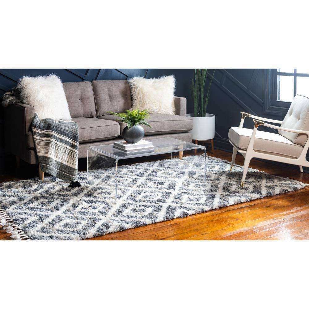 Unique Loom Hygge Shag Collection Area Rug - Diamond (9' x 12' 2" Rectangle, Gray/ Beige)