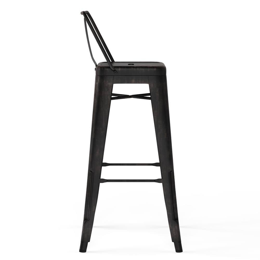 Simpli Home Rayne 30" Metal Bar Stool in Distressed Black (Set of 2)