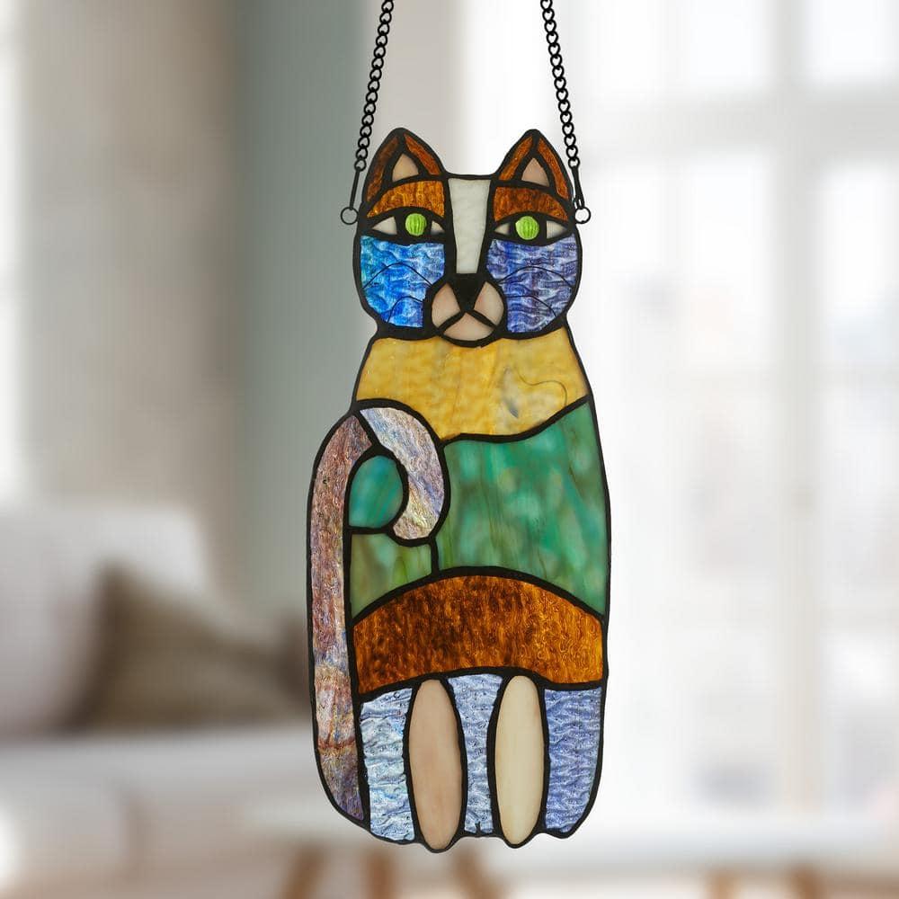 River of Goods  13-in. Crazy Cat Stained Glass Window Panel Purple