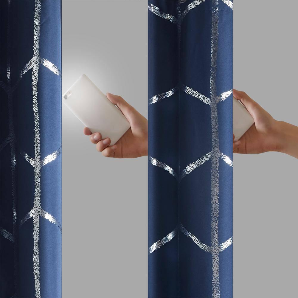63"x50" Arielle Total Blackout Metallic Printed Curtain Panel Navy: Intelligent Design, Geometric Grommet Top, Energy Efficient