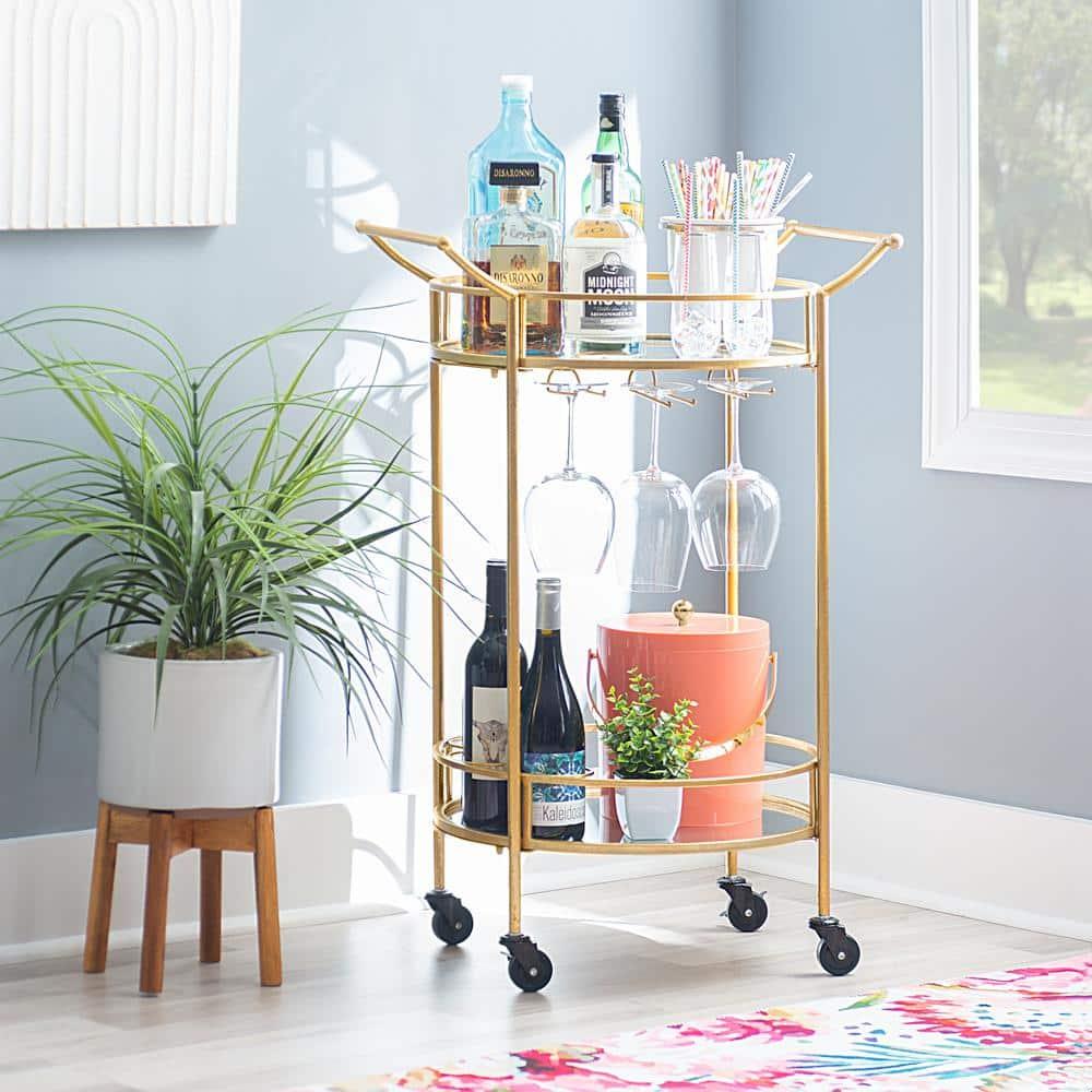Round Metal Frame 2 Mirrored Glass Shelves Bar Cart with Locking Wheels - Linon: Indoor Serving Trolley