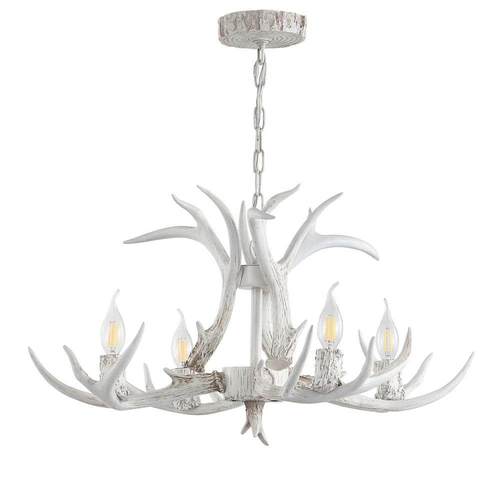 JONATHAN Y JYL6301B Eldora 26" Adjustable Resin Antler 4-Light LED Chandelier, Farmhouse, Glam, Transitional, Rustic, Cottage for living room, dinning room, bedroom, office Bulb Included, White