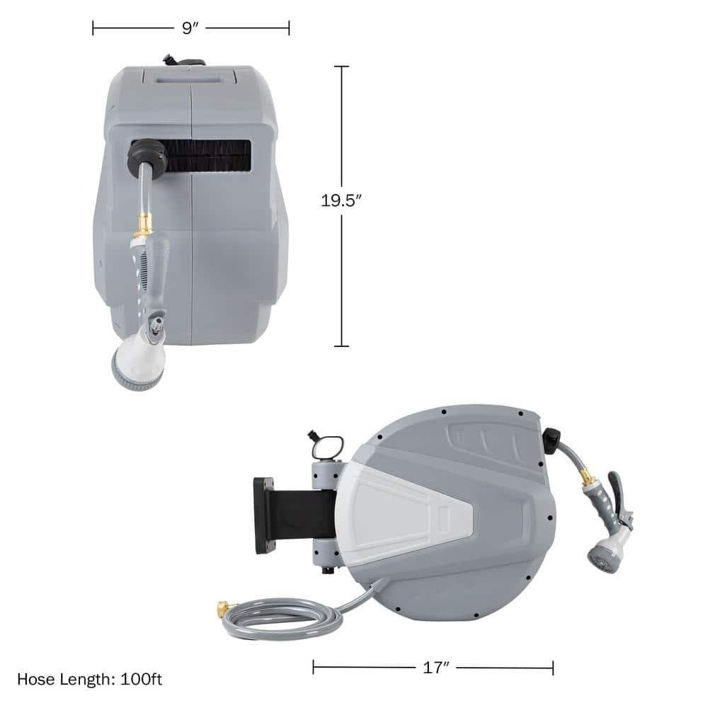 Retractable Hose - 100 FT Garden Hose with 9 Nozzle Patterns - Hose Reel Wall Mount with 180-Degree Swivel Bracket and Auto-Rewind by Pure Garden