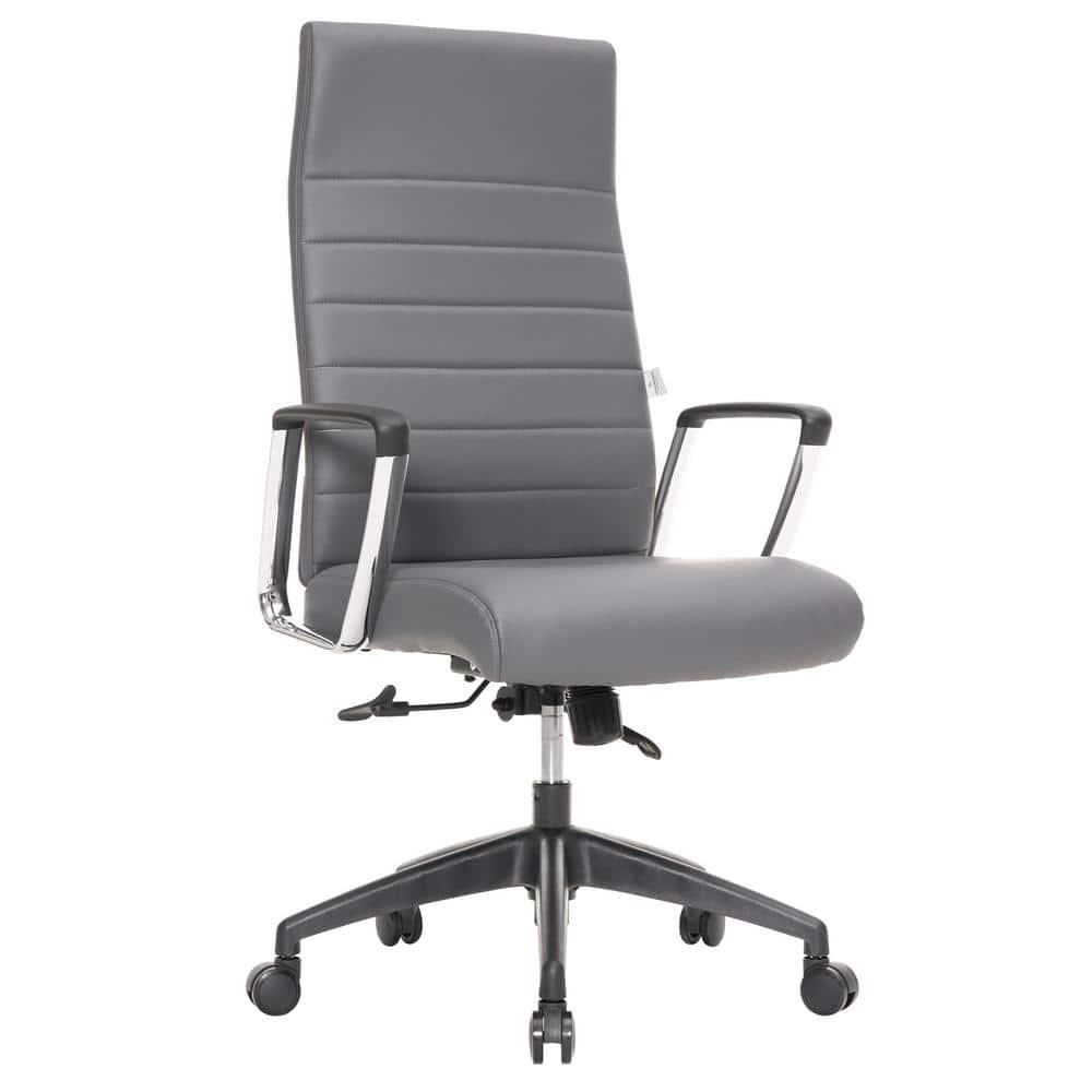 LeisureMod Hilton High-Back Adjustable Office Conference Chair Upholstered in Leather with Steel Frame in Grey