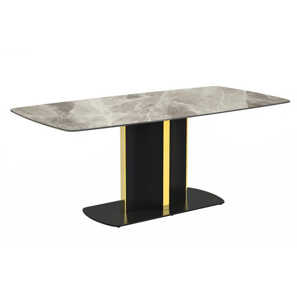 LeisureMod Sylva Mid-Century Modern 55" Rectangular Dining Table with Sintered Stone Table Top and Gold Steel Pedestal Base for Kitchen and Dining Room, Deep Grey
