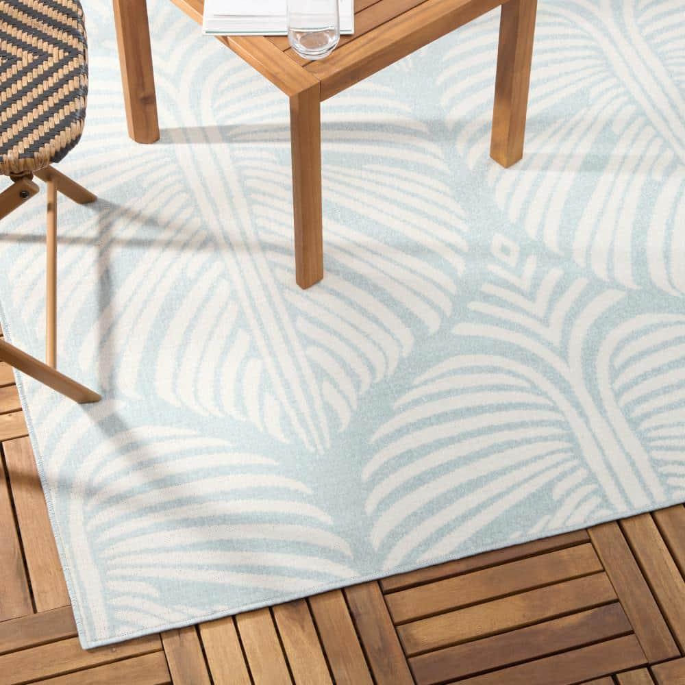 TOMMY BAHAMA Lanai Palm Leaves Indoor Outdoor Area Rug Blue/Ivory