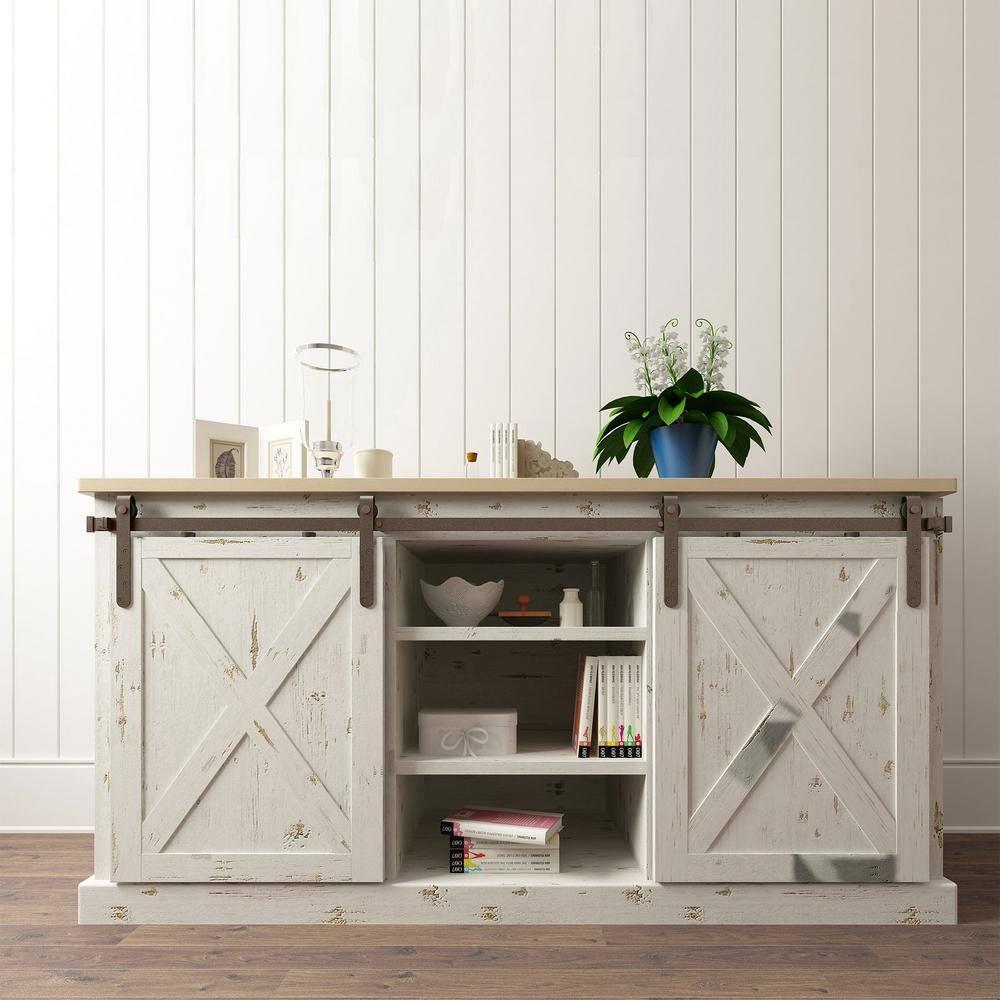 American Pro Decor Solid Steel Mini Sliding Rolling Barn Door Hardware Kit for Double Wood Doors