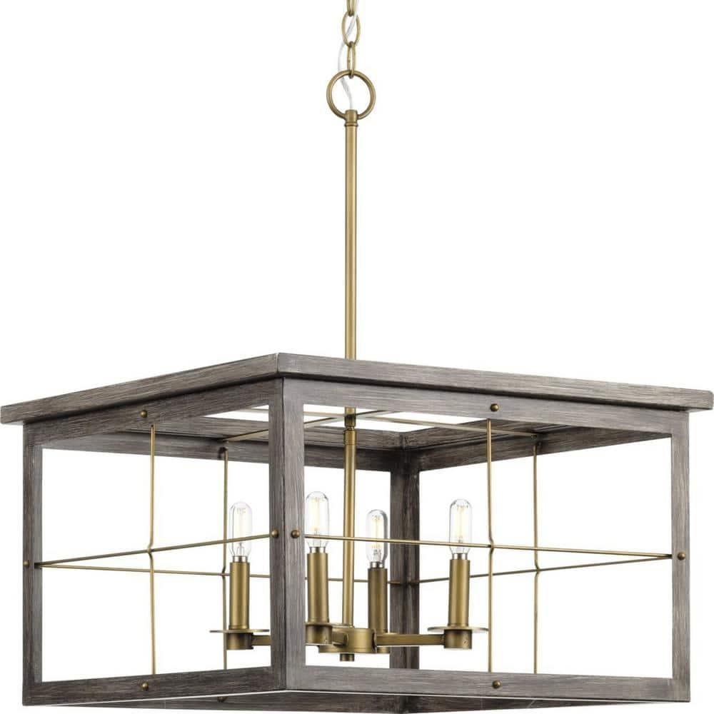 Progress Lighting, Hedgerow Collection, 4-Light Chandelier, Distressed Brass, Windowpane Design