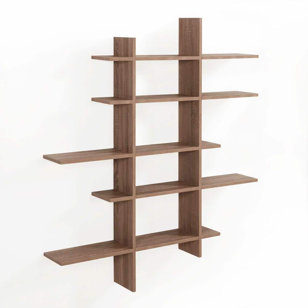 Danya B. 51" x 45" Five Level Asymmetric Shelf Brown: Modular Laminated MDF, Wall Organizer with Mounting Hardware