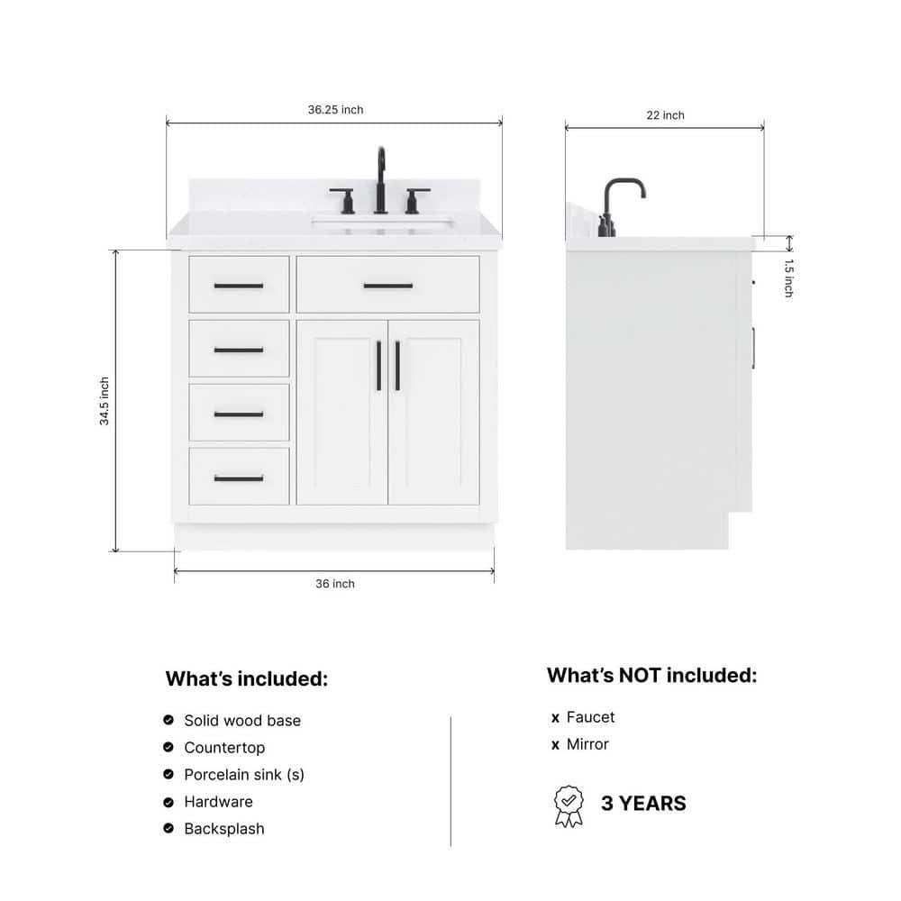 Ariel T036srcqrvo Hepburn 36" Free Standing Single Basin Vanity Set - White