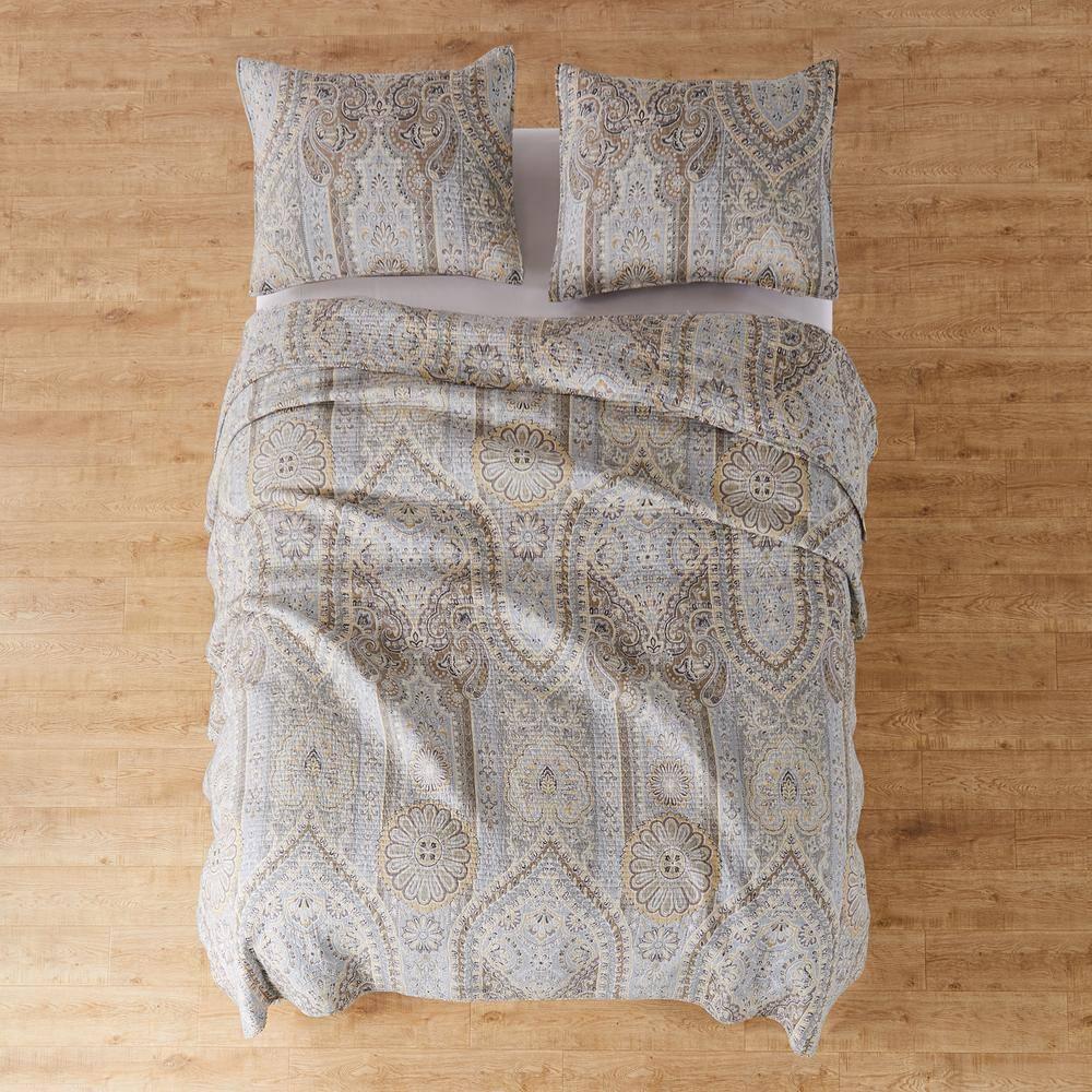 Casablanca Grey Global Quilt Set - Full/Queen Quilt and Two Standard Pillow Shams Grey, Blue, Brown - Levtex Home