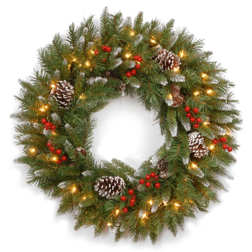 30" Prelit Flocked Christmas Wreath with Berries and Pinecones White Lights - National Tree Company