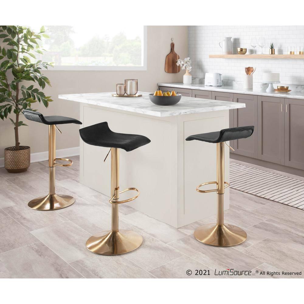 Ale Contemporary Adjustable Height Barstool With Swivel In Gold Brushed Metal And Black Velvet With Oval Footrest - Set