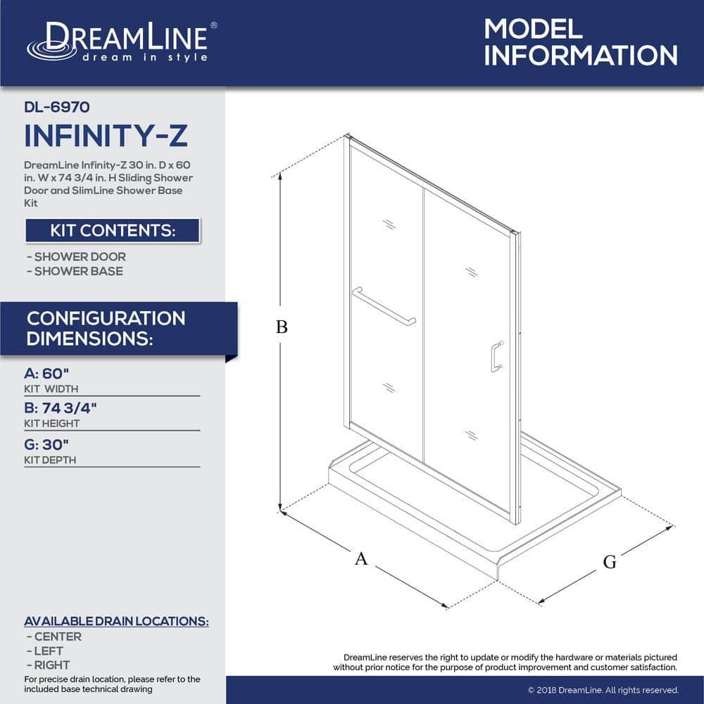 Infinity-Z 60" W x 30" D x 74.75" H Semi-frameless Sliding Shower Kit