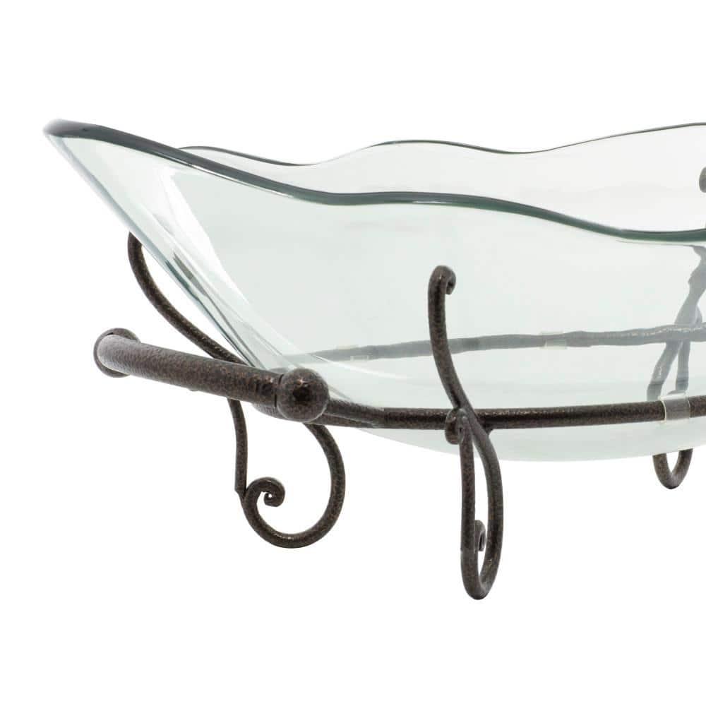 DecMode 23" x 9" Clear Tempered Glass Kitchen Serving Bowl with Brown Metal Scroll Base, 1-Piece