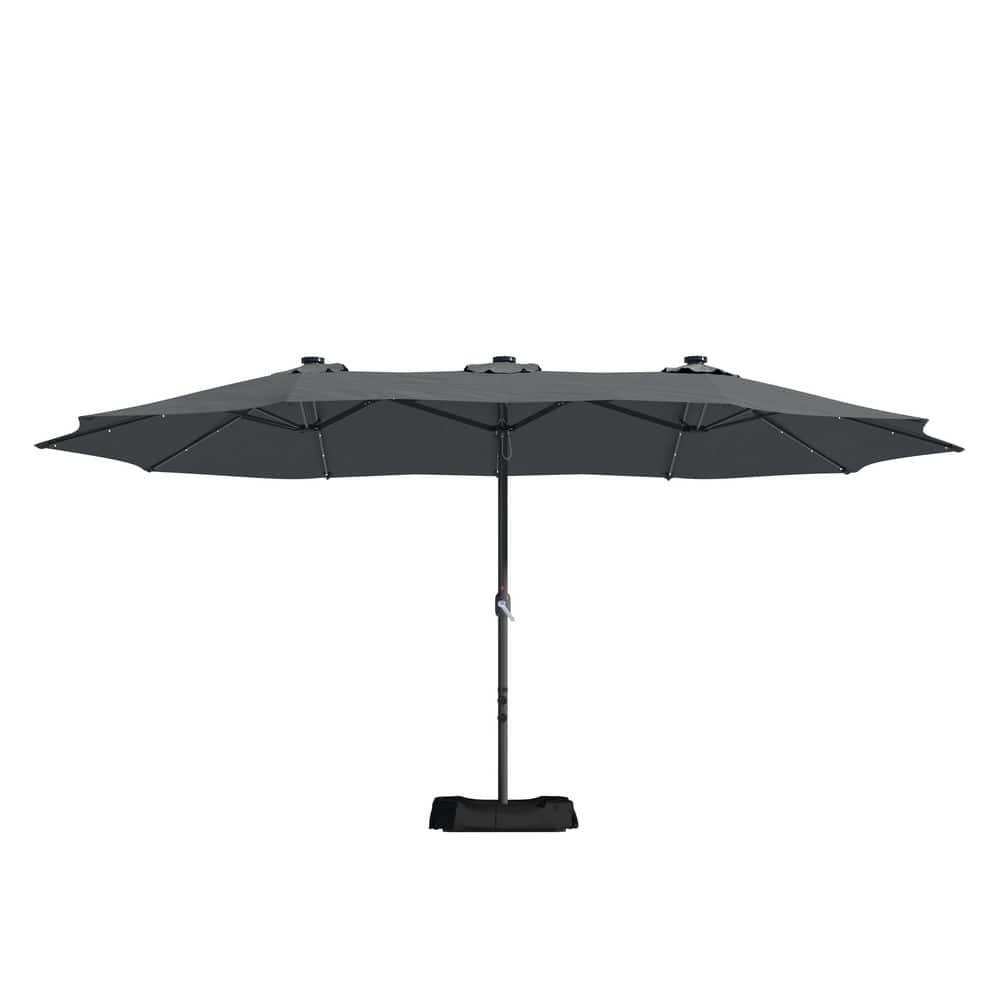 15 ft. Steel Patio Double-Side Market Umbrella with Base and Solar Light with Base in Dark Gray