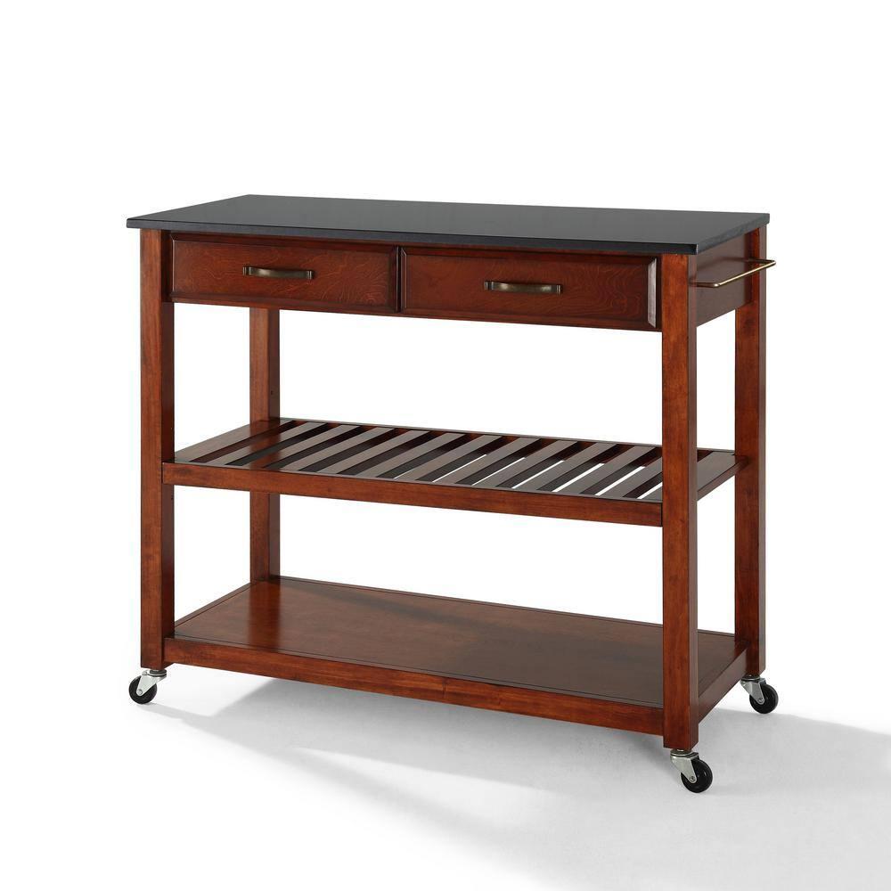 Crosley Solid Black Granite Top Kitchen Cart/Island with Optional Stool Storage Classic Cherry: Modern Rolling Furniture with Storage, 2 Shelves