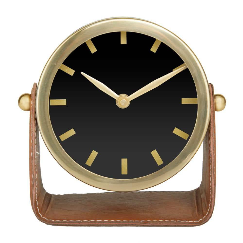 Deco 79 Stainless Steel Metal Clock with Leather Stand, 6" x 3" x 6", Gold
