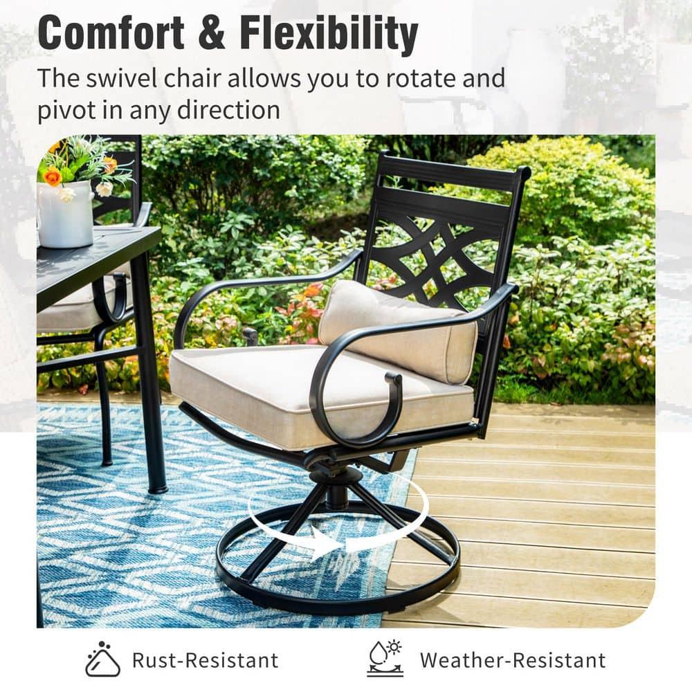 Summit Living 7-Piece Outdoor Patio Dining Set with 6 Swivel Cushioned Chairs & 1 Metal Steel Table, Black & Beige