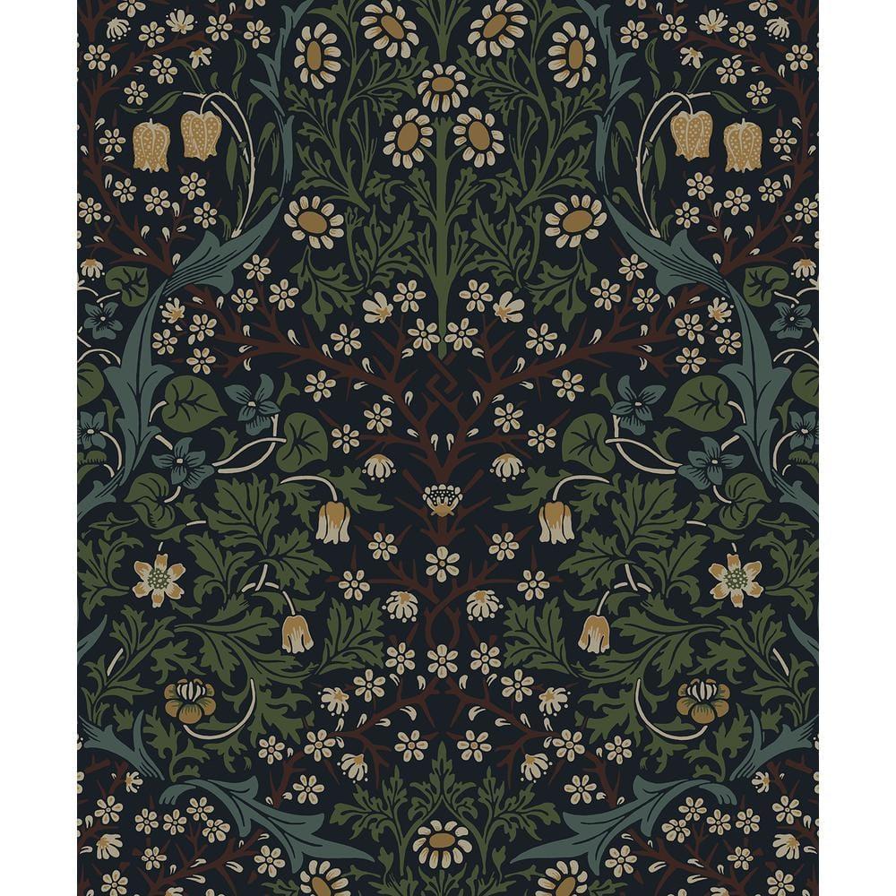 NextWall  Victorian Garden Floral Peel and Stick Wallpaper 20.9 in. W x 18 ft. L - Midnight Blue & Evergreen