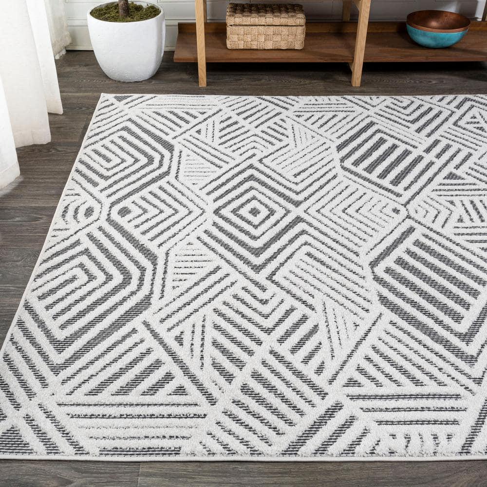 3'x5' Jordan High-Low Pile Art Deco Geometric Indoor/Outdoor Area Rug, White/Black - JONATHAN Y