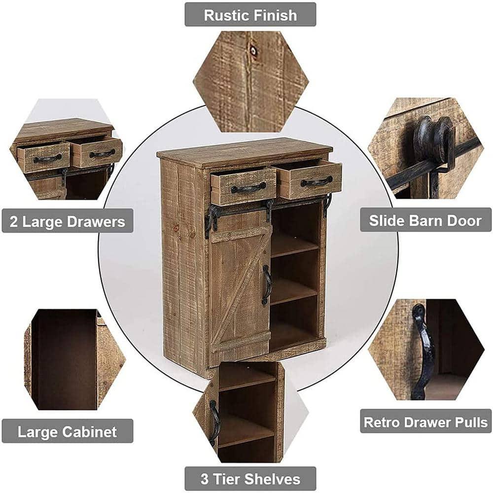 Parisloftinc Rustic Wood End Table with Sliding Barn Door Brown