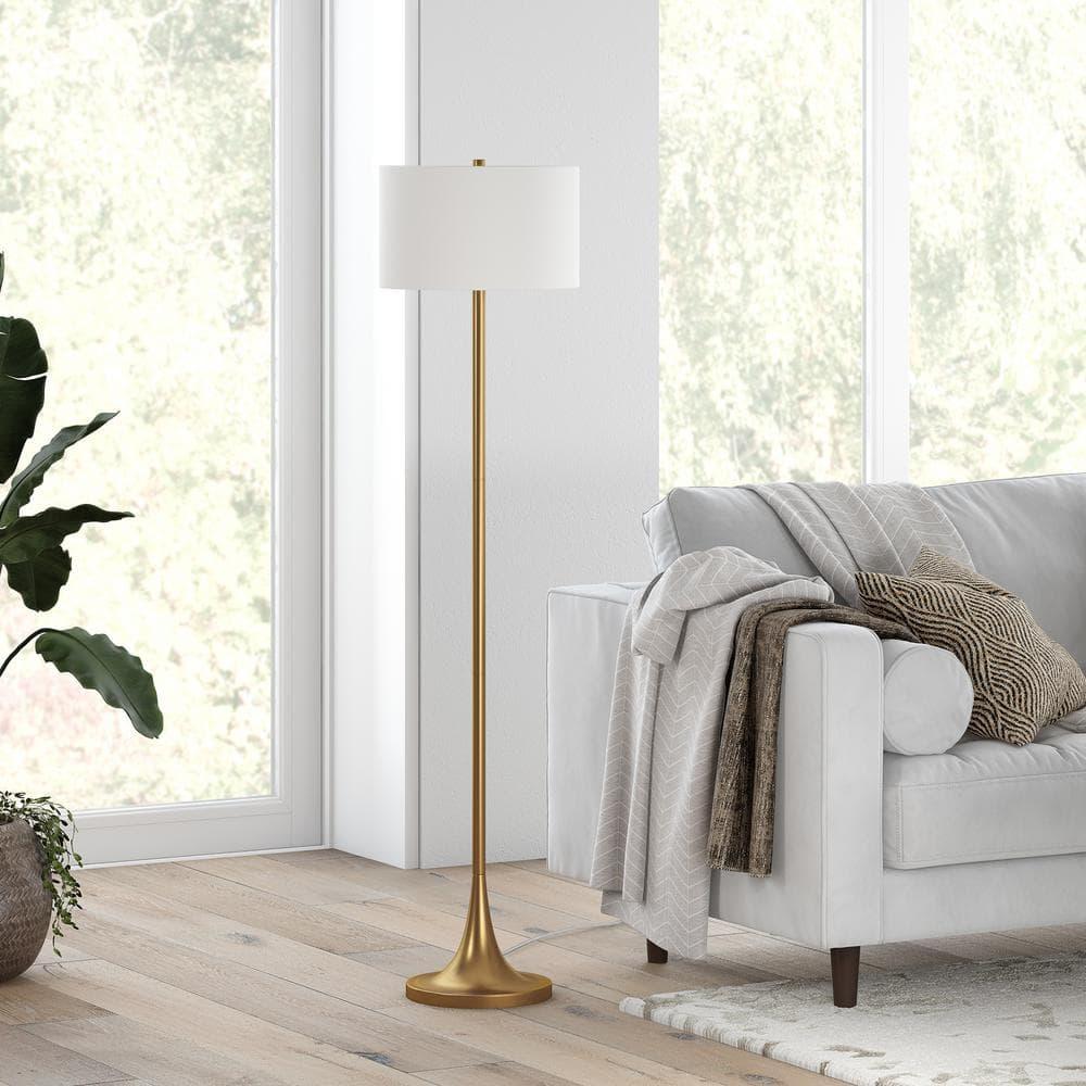 Evelyn&Zoe Josephine 62" Tall Floor Lamp with Fabric Shade, Brass/White