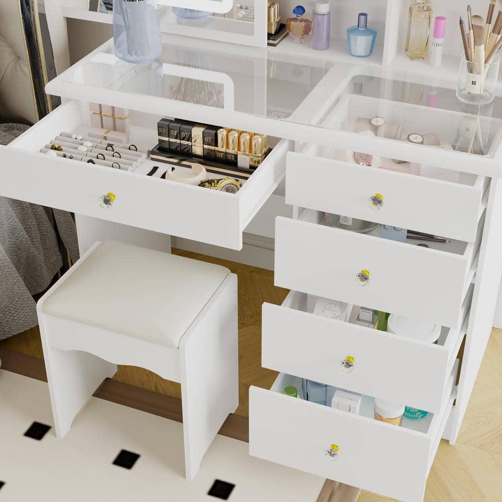 FUFU&GAGA White Makeup Vanity Table With Mirror Storage Drawer Dresser Table