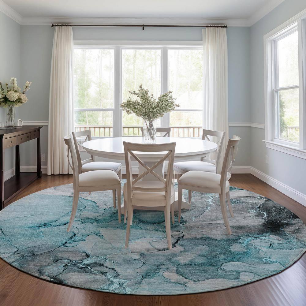 Teal and Gray Round Machine Washable Area Rug
