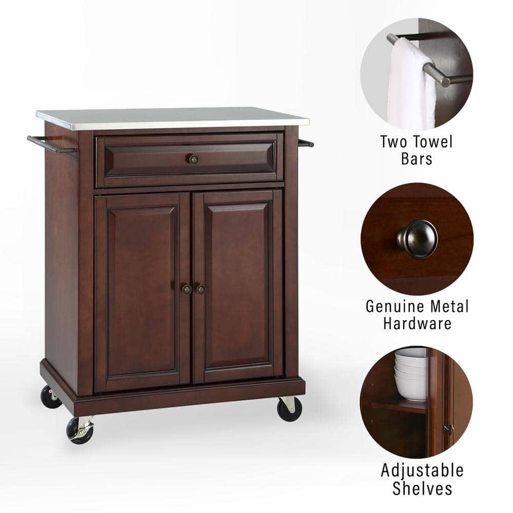 Compact Stainless Steel Top Kitchen Cart Mahogany - Crosley: Mobile Island with Storage & Towel Bars