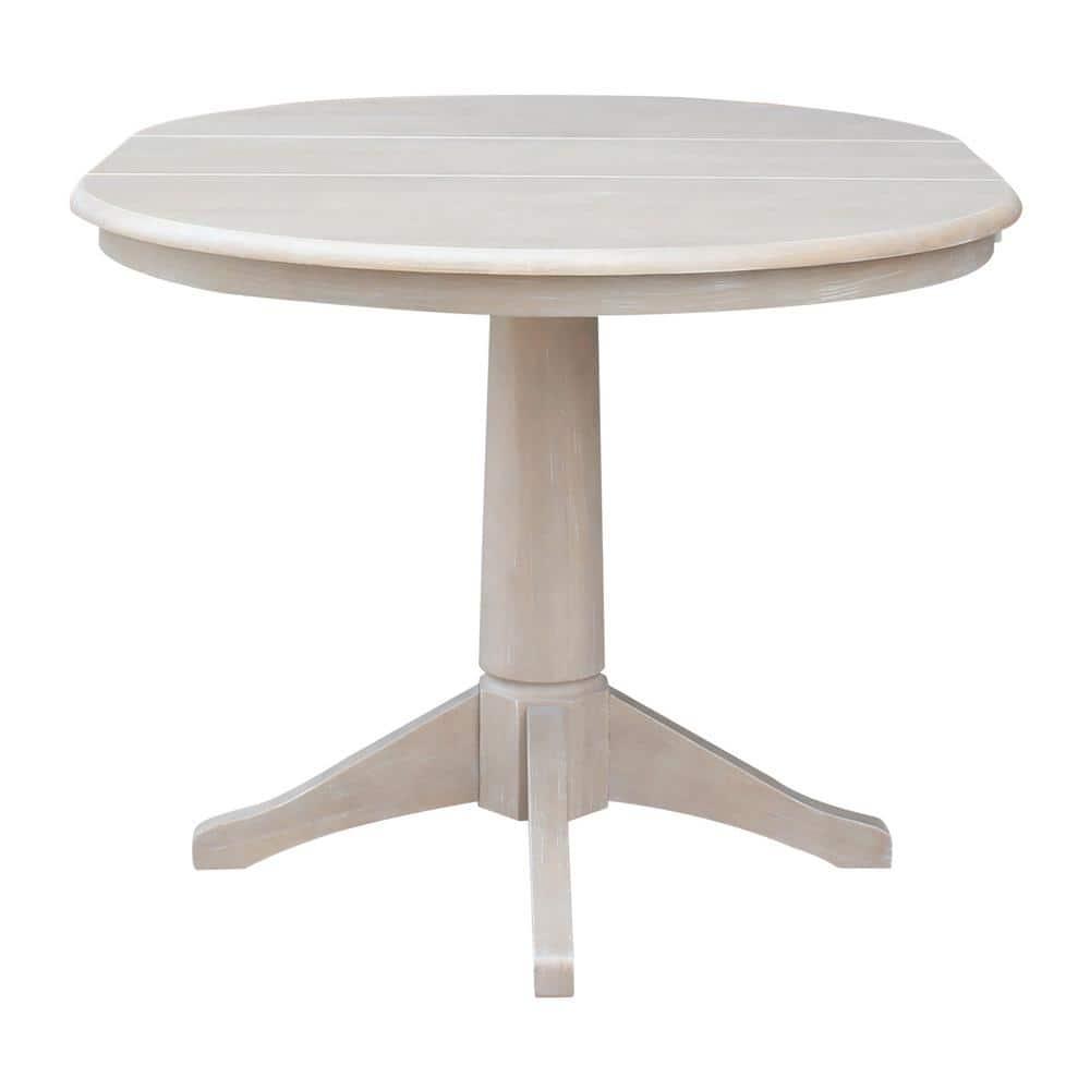 36" Magnolia Round Top Dining Table with 12" Leaf Washed Gray Taupe - International Concepts: Hardwood Pedestal Base, Seats 4