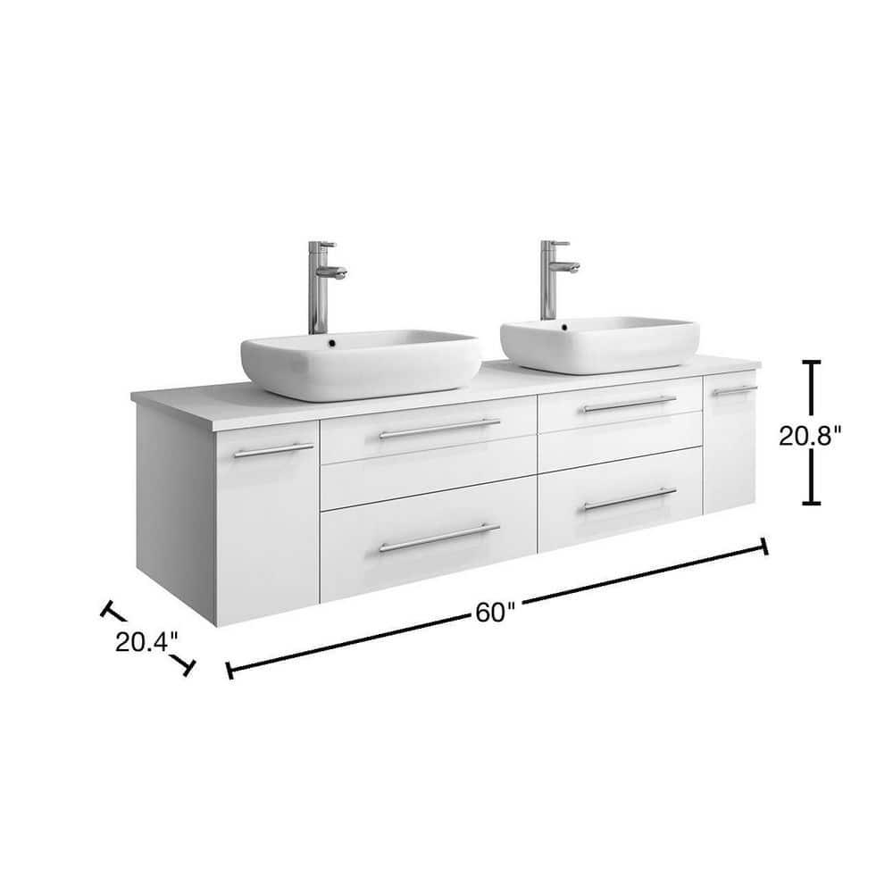 Fresca Lucera 60" Wall Mount Double Sink Modern Bathroom Vanity with Top and Vessel Sinks