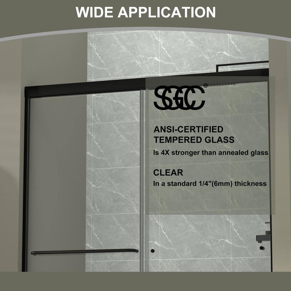 50-54" W x 72" H Semi-Frameless Sliding Glass Shower Door, Matte Black Finish Shower Door with 1/4'' (6mm) Clear SGCC Tempered Glass