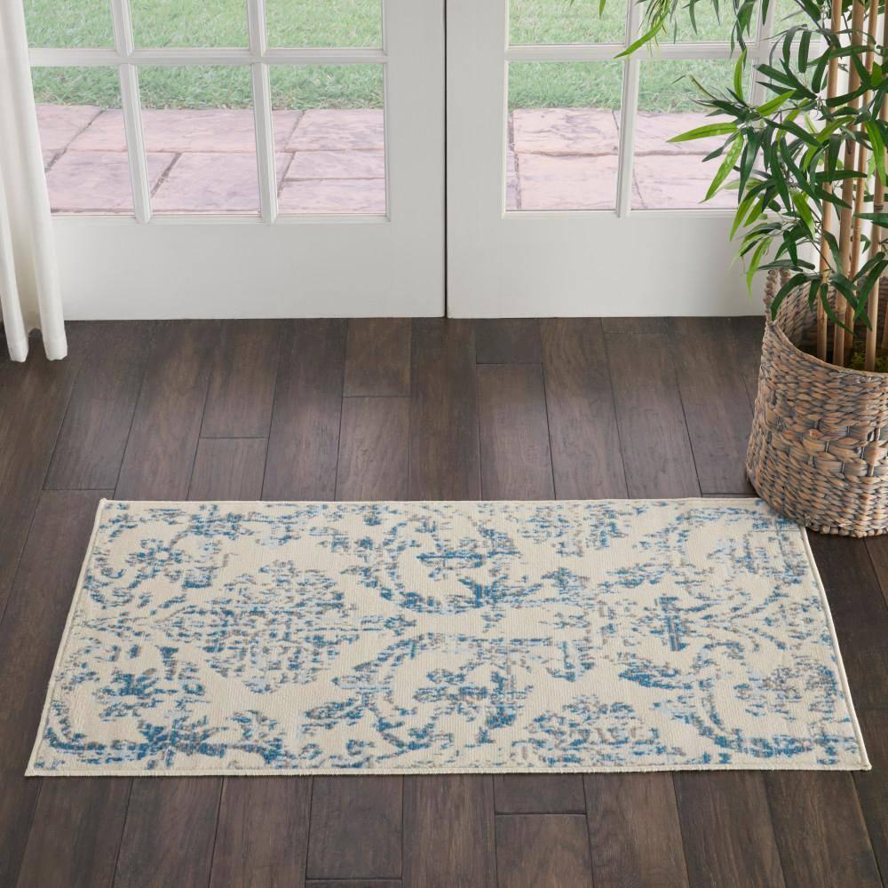 Nourison Jubilant 2' x 4' Ivory/Blue Area Rug Farmhouse Vintage Damask by Nourison
