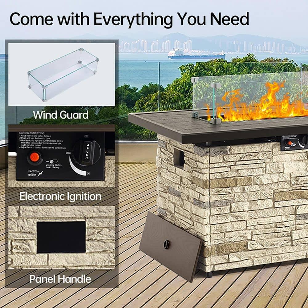 43" Propane Fire Pit Table Outdoor Stone Firepit Table Rectangular 50000 BTU Propane Fire Tables for Outside Patio with Wind Guard, Table Lid, Fire Beads, Cover,Pizzello Caldo (Buff)