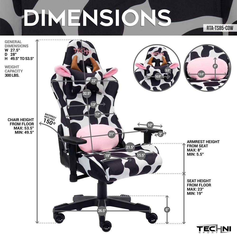 Ts85 Cow Print Luxx Series Gaming Chair Cow - Techni Sport: Velvet Upholstery, Memory Foam, Adjustable