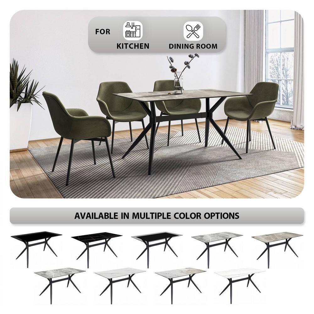 LeisureMod Elega Series Modern 71” Dining Table with Sintered Stone or Glass Rectangular Top and Black Stainless Steel Base in Deep Grey