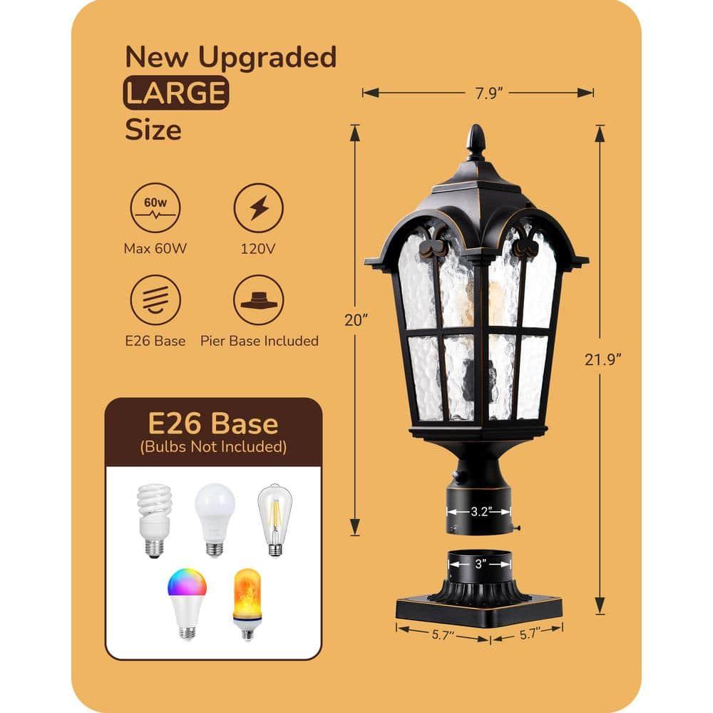 EDISHINE Large Size Dusk to Dawn Outdoor Post Light, 21.9'' H Pole Light Fixture with Pier Mount Base, Waterproof Exterior Lamp Post Lantern Head for Yard, Driveway, Fence, Black