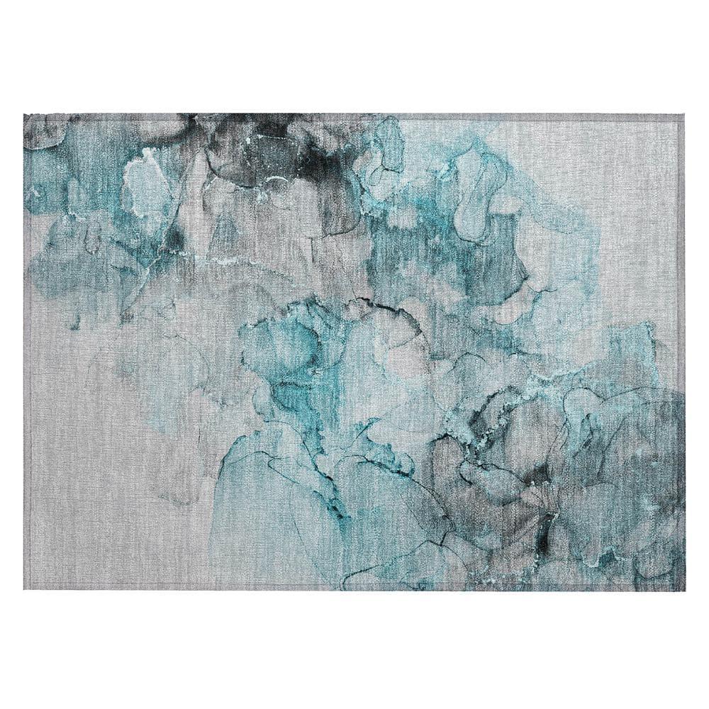 Teal and Gray Abstract Washable Synthetic Rug