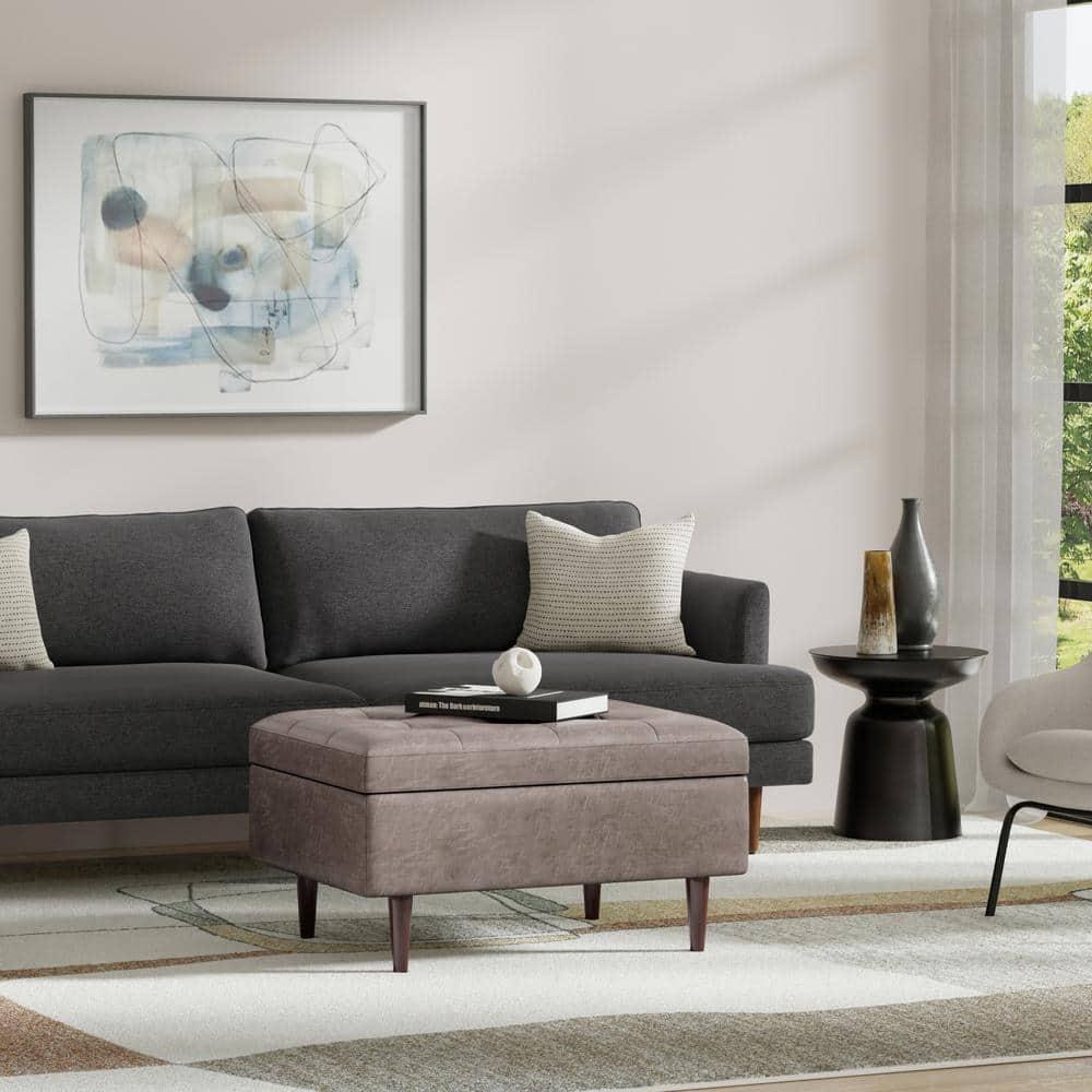 Simpli Home Shay 34"W Upholstered Coffee Table Storage Ottoman with Lift Top and Tufted Detailing