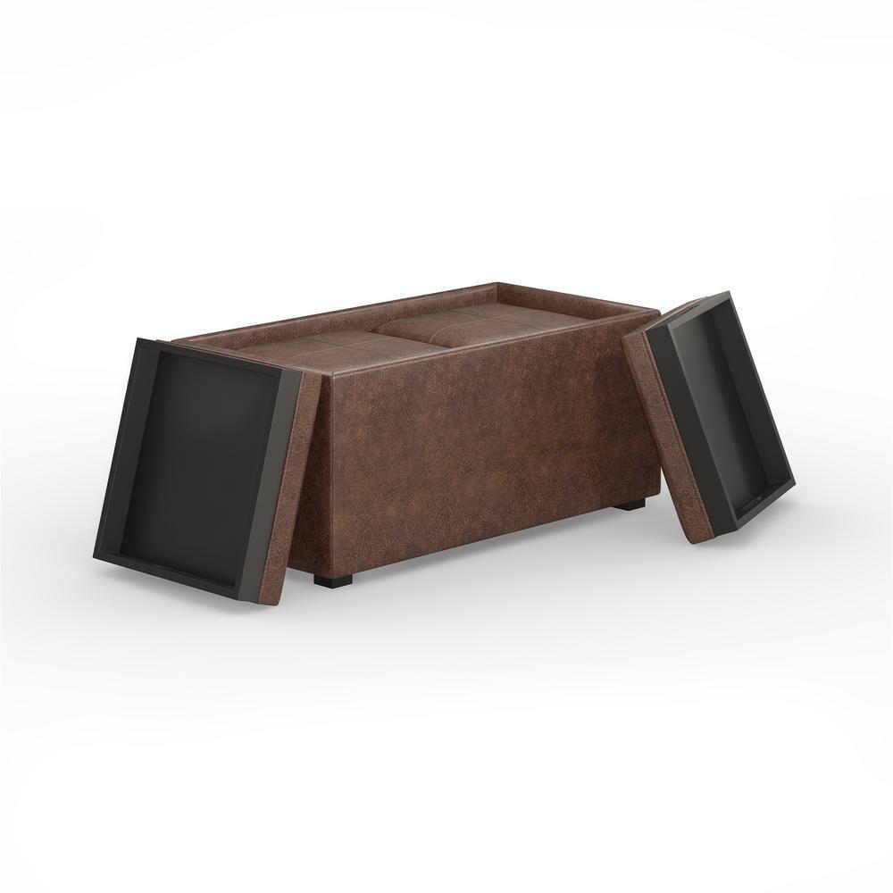 Simpli Home Avalon 35"W Upholstered Storage Ottoman Set with 5 Pieces and Flip-Over Serving Tray Lids